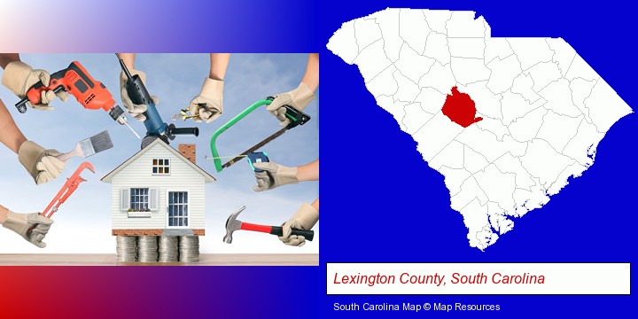 home improvement concepts and tools; Lexington County, South Carolina highlighted in red on a map