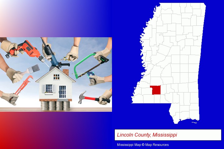 home improvement concepts and tools; Lincoln County, Mississippi highlighted in red on a map
