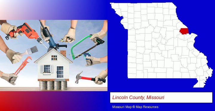 home improvement concepts and tools; Lincoln County, Missouri highlighted in red on a map