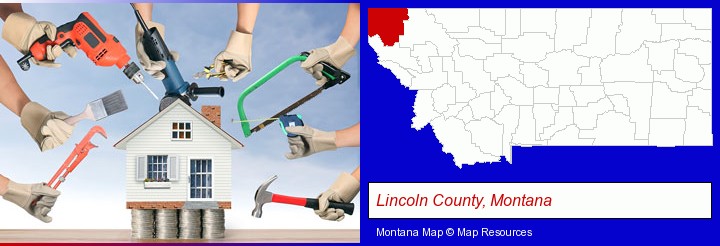 home improvement concepts and tools; Lincoln County, Montana highlighted in red on a map