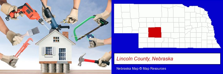 home improvement concepts and tools; Lincoln County, Nebraska highlighted in red on a map