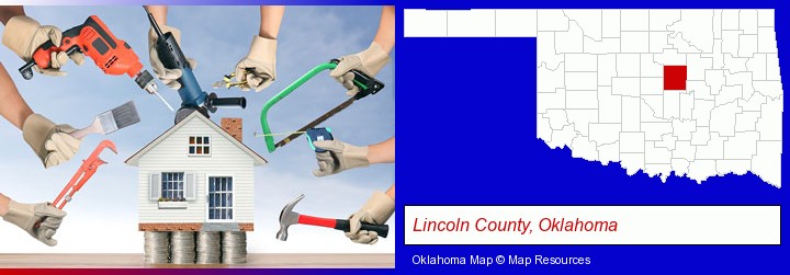 home improvement concepts and tools; Lincoln County, Oklahoma highlighted in red on a map