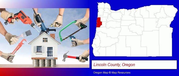 home improvement concepts and tools; Lincoln County, Oregon highlighted in red on a map