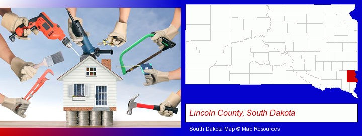 home improvement concepts and tools; Lincoln County, South Dakota highlighted in red on a map