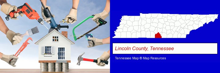home improvement concepts and tools; Lincoln County, Tennessee highlighted in red on a map