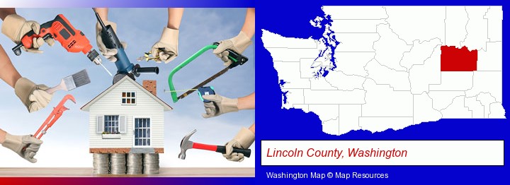 home improvement concepts and tools; Lincoln County, Washington highlighted in red on a map