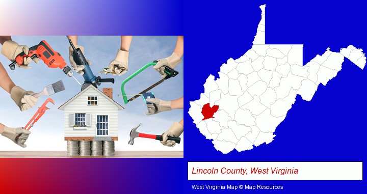 home improvement concepts and tools; Lincoln County, West Virginia highlighted in red on a map