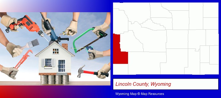 home improvement concepts and tools; Lincoln County, Wyoming highlighted in red on a map