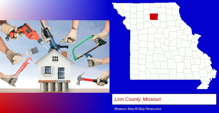 home improvement concepts and tools; Linn County, Missouri highlighted in red on a map