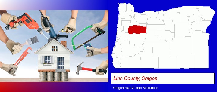 home improvement concepts and tools; Linn County, Oregon highlighted in red on a map