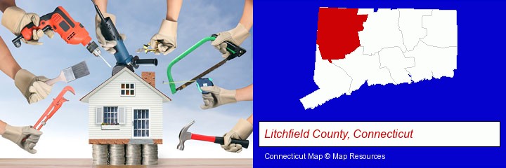 home improvement concepts and tools; Litchfield County, Connecticut highlighted in red on a map