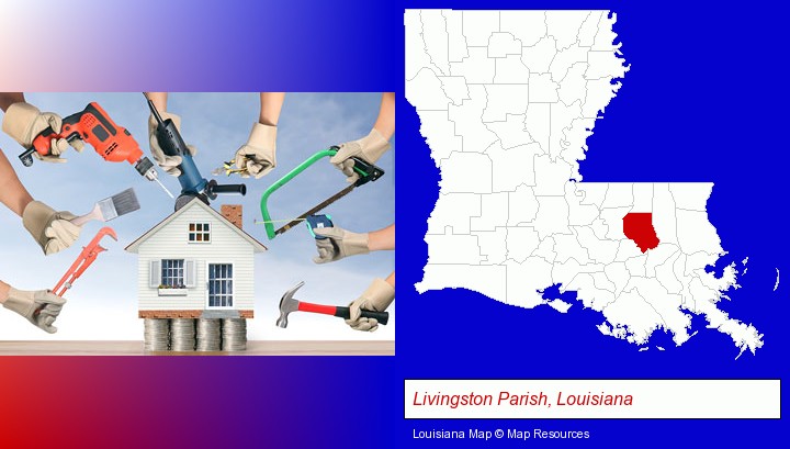 home improvement concepts and tools; Livingston Parish, Louisiana highlighted in red on a map