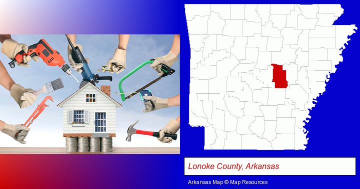 home improvement concepts and tools; Lonoke County, Arkansas highlighted in red on a map