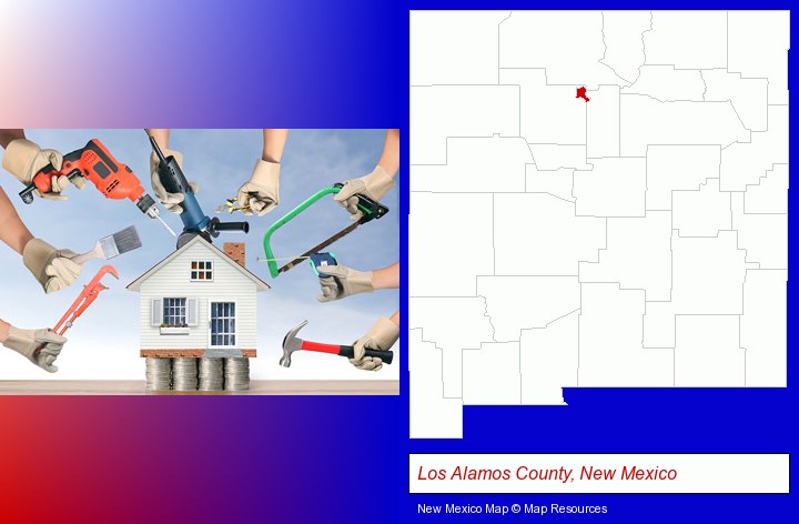 home improvement concepts and tools; Los Alamos County, New Mexico highlighted in red on a map