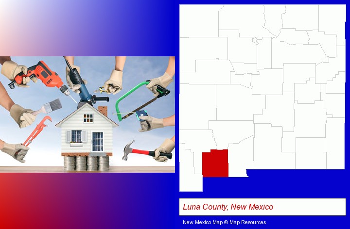home improvement concepts and tools; Luna County, New Mexico highlighted in red on a map