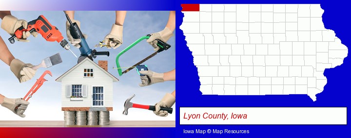 home improvement concepts and tools; Lyon County, Iowa highlighted in red on a map