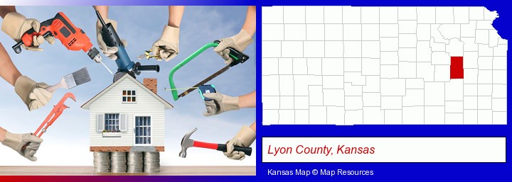 home improvement concepts and tools; Lyon County, Kansas highlighted in red on a map