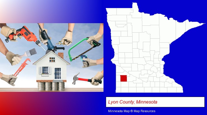 home improvement concepts and tools; Lyon County, Minnesota highlighted in red on a map