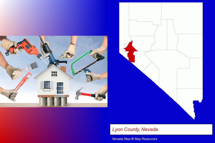 home improvement concepts and tools; Lyon County, Nevada highlighted in red on a map