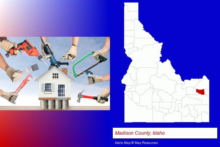 home improvement concepts and tools; Madison County, Idaho highlighted in red on a map