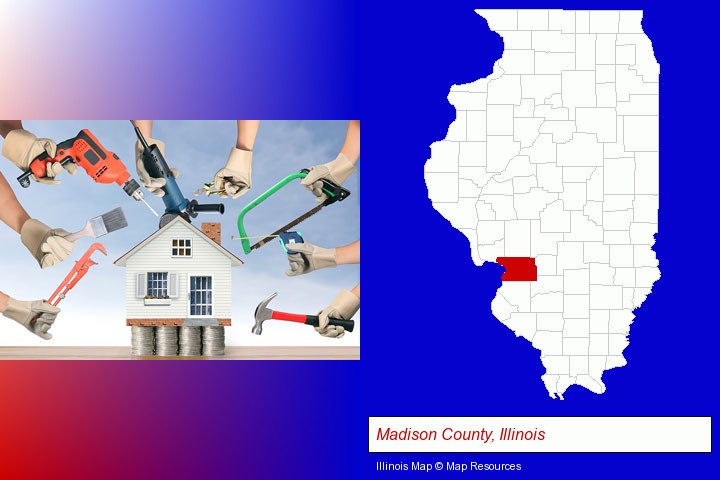 home improvement concepts and tools; Madison County, Illinois highlighted in red on a map