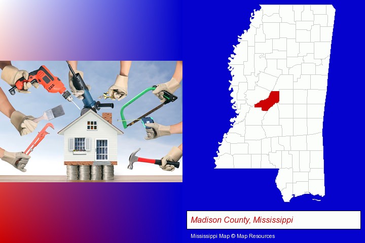 home improvement concepts and tools; Madison County, Mississippi highlighted in red on a map