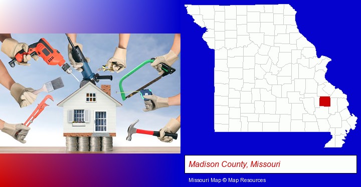 home improvement concepts and tools; Madison County, Missouri highlighted in red on a map