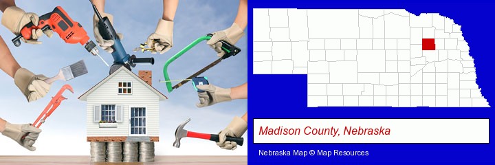 home improvement concepts and tools; Madison County, Nebraska highlighted in red on a map
