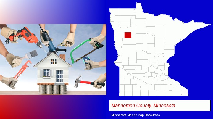 home improvement concepts and tools; Mahnomen County, Minnesota highlighted in red on a map