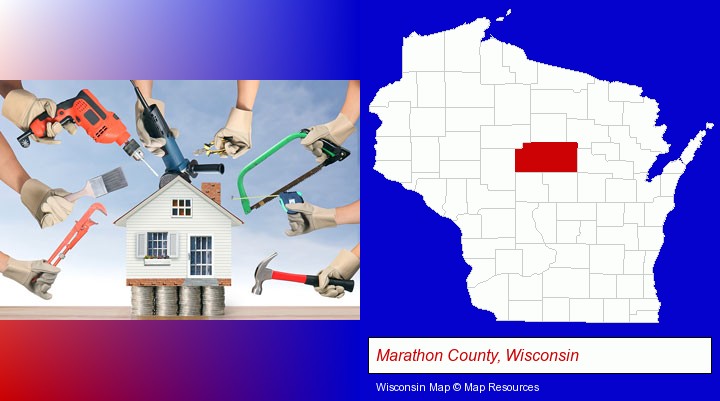 home improvement concepts and tools; Marathon County, Wisconsin highlighted in red on a map