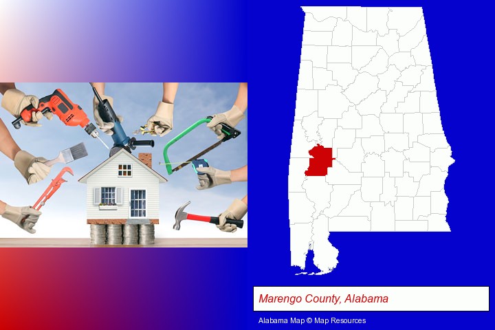 home improvement concepts and tools; Marengo County, Alabama highlighted in red on a map
