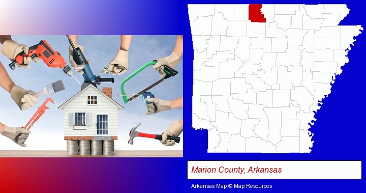 home improvement concepts and tools; Marion County, Arkansas highlighted in red on a map