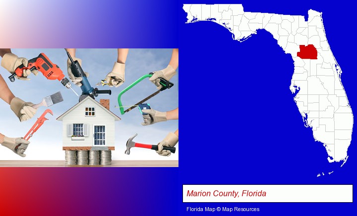 home improvement concepts and tools; Marion County, Florida highlighted in red on a map