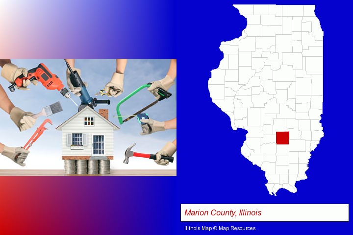 home improvement concepts and tools; Marion County, Illinois highlighted in red on a map