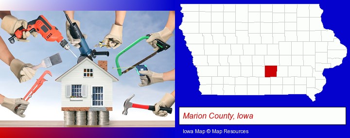 home improvement concepts and tools; Marion County, Iowa highlighted in red on a map