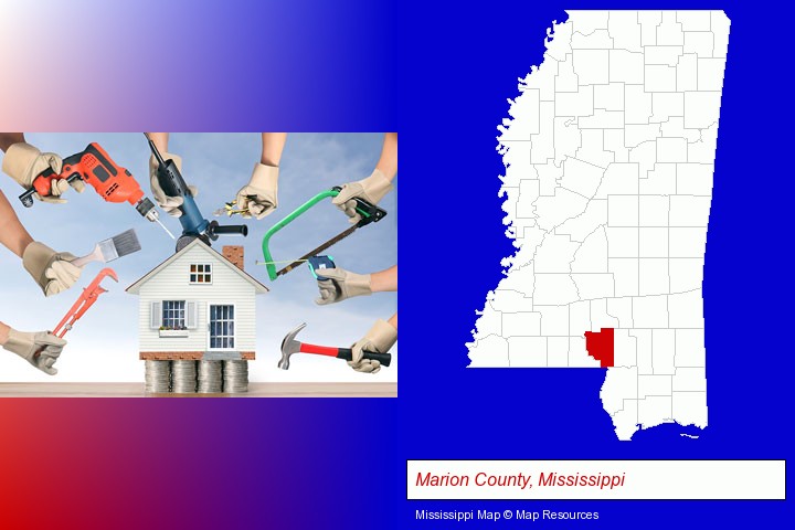 home improvement concepts and tools; Marion County, Mississippi highlighted in red on a map