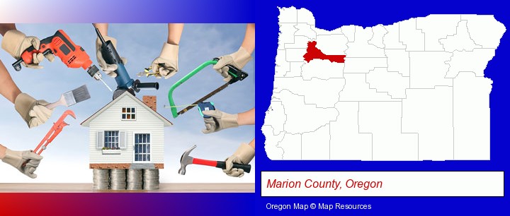 home improvement concepts and tools; Marion County, Oregon highlighted in red on a map