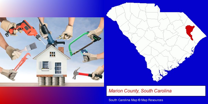 home improvement concepts and tools; Marion County, South Carolina highlighted in red on a map