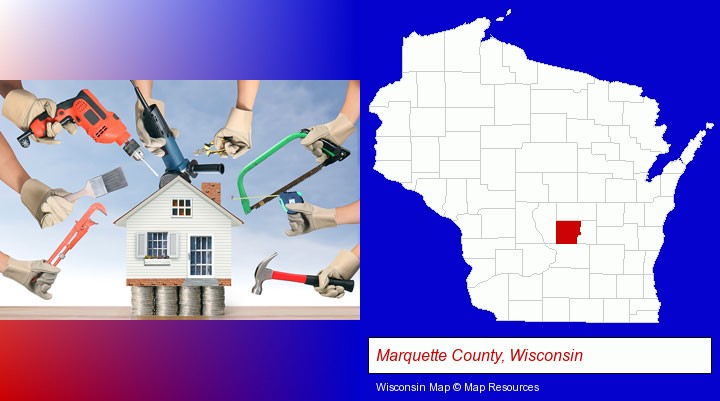 home improvement concepts and tools; Marquette County, Wisconsin highlighted in red on a map