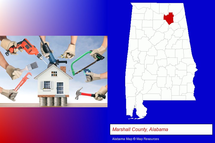 home improvement concepts and tools; Marshall County, Alabama highlighted in red on a map