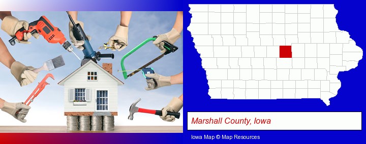 home improvement concepts and tools; Marshall County, Iowa highlighted in red on a map