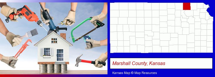home improvement concepts and tools; Marshall County, Kansas highlighted in red on a map