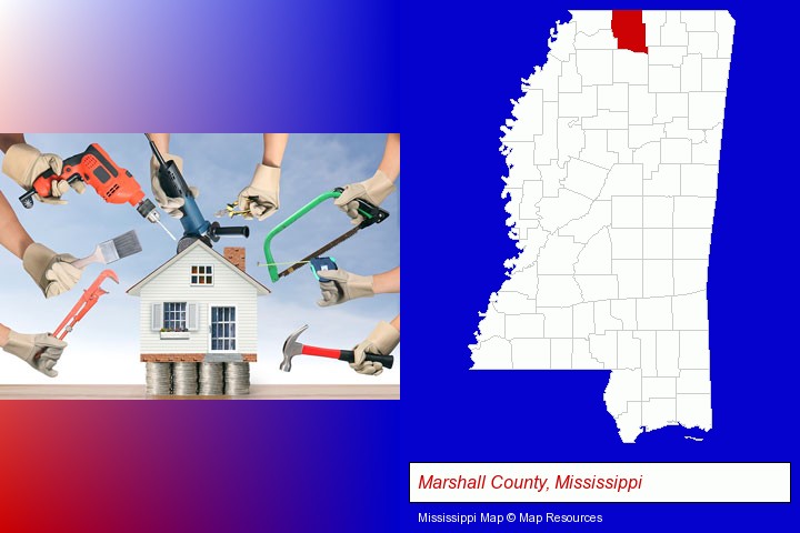 home improvement concepts and tools; Marshall County, Mississippi highlighted in red on a map