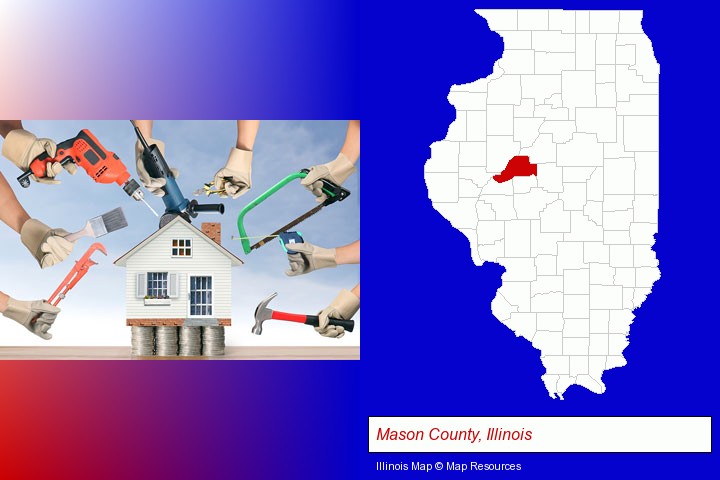 home improvement concepts and tools; Mason County, Illinois highlighted in red on a map