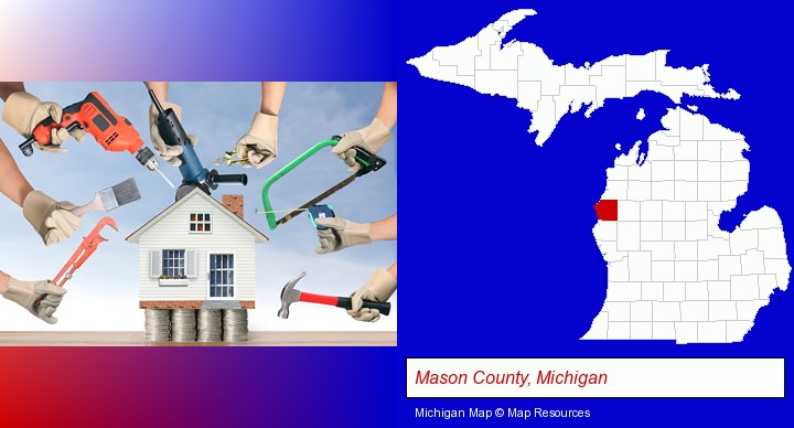 home improvement concepts and tools; Mason County, Michigan highlighted in red on a map