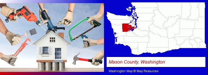 home improvement concepts and tools; Mason County, Washington highlighted in red on a map
