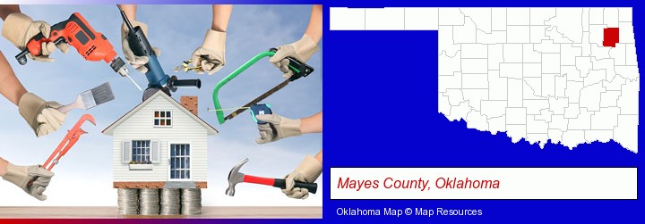 home improvement concepts and tools; Mayes County, Oklahoma highlighted in red on a map