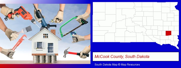 home improvement concepts and tools; McCook County, South Dakota highlighted in red on a map