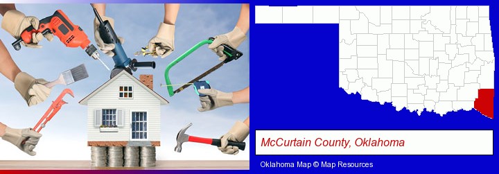 home improvement concepts and tools; McCurtain County, Oklahoma highlighted in red on a map