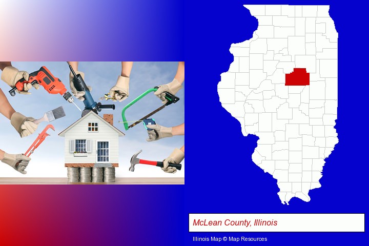 home improvement concepts and tools; McLean County, Illinois highlighted in red on a map